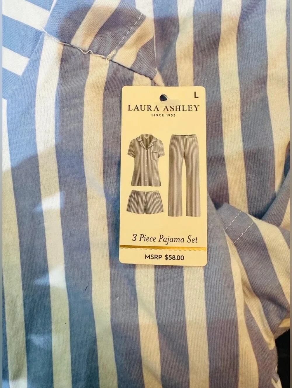 NWT Laura Ashley Blue & White Striped Three-Piece Pajama Set